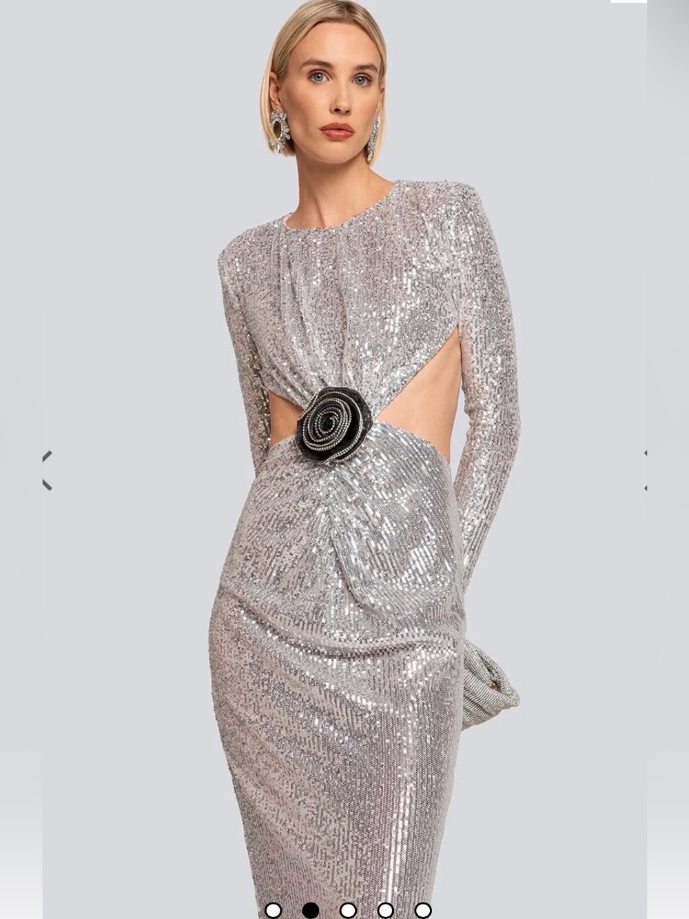 Ilkyaz Ozel Thea Dress- Silver Sequin Long-Sleeve Cutout Dress with Rosette